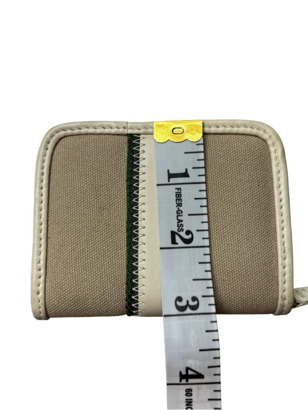 Lacoste Beige Canvas Zip Card Wallet with White Trim & Green Accent